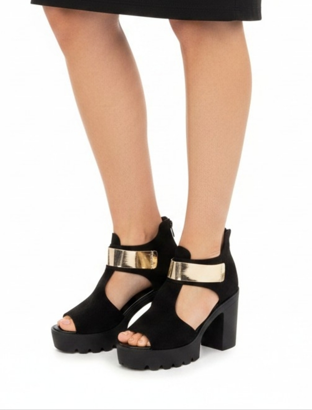 Black Platform Peep-Toe Heels with Gold Strappy Accent Women's Size 9 - Picture 2 of 9